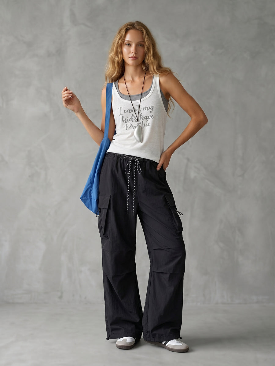 Cargo Pants Loose Drawstring Pockets Solid Color Pants