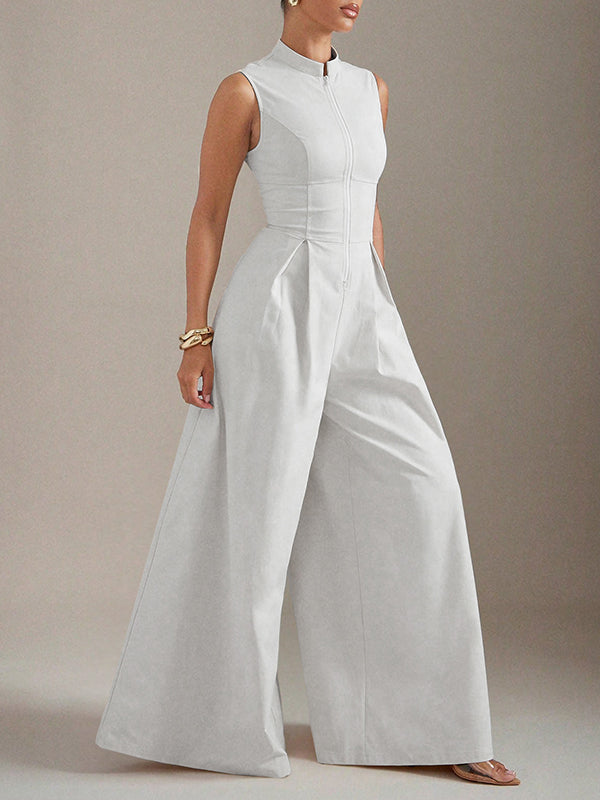 Sleeveless Wide Leg Pleated Solid Color Split-Joint Zipper Round-Neck Jumpsuits