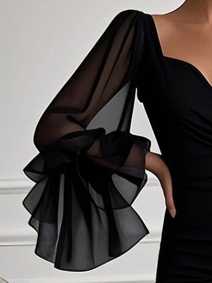 Robes longues à manches évasées, couleur unie, fermeture éclair latérale fendue, col en V 