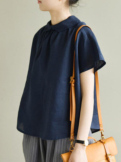 Künstlerische Retro-Blusen und Hemden mit kurzen Ärmeln, locker, plissiert, einfarbig 