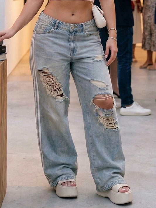 High Waisted Loose Hollow Pockets Split-Joint Jean Pants Bottoms
