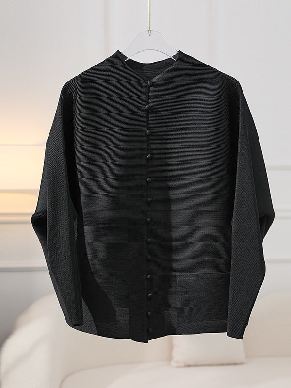 Manteau ample à manches longues, poches plissées boutonnées, couleur unie, col rond 