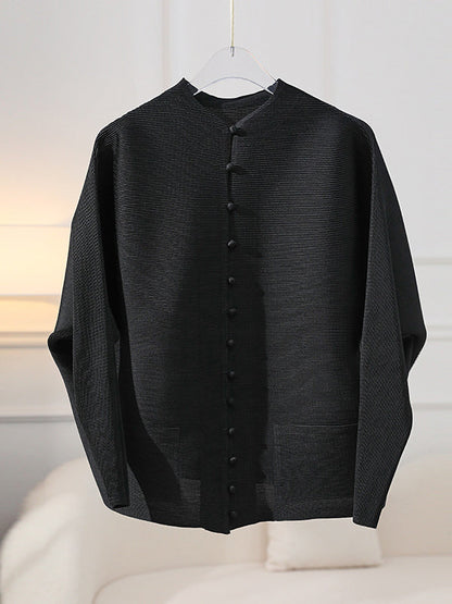 Manteau ample à manches longues, poches plissées boutonnées, couleur unie, col rond 