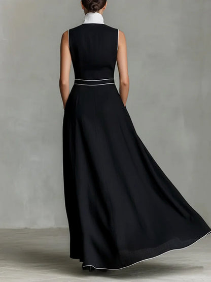 A-Line High Waisted Buttoned Contrast Color Pockets Split-Joint Lapel Maxi Dresses