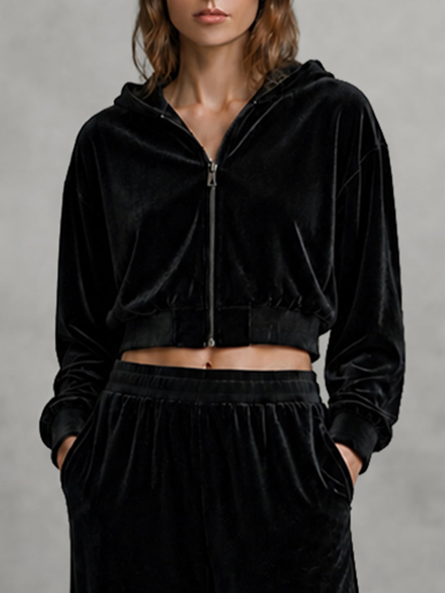 Zipper Velvet Solid Color Long Sleeves Cropped Hooded Outerwear