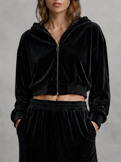 Zipper Velvet Solid Color Long Sleeves Cropped Hooded Outerwear