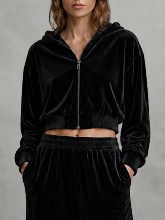 Zipper Velvet Solid Color Long Sleeves Cropped Hooded Outerwear