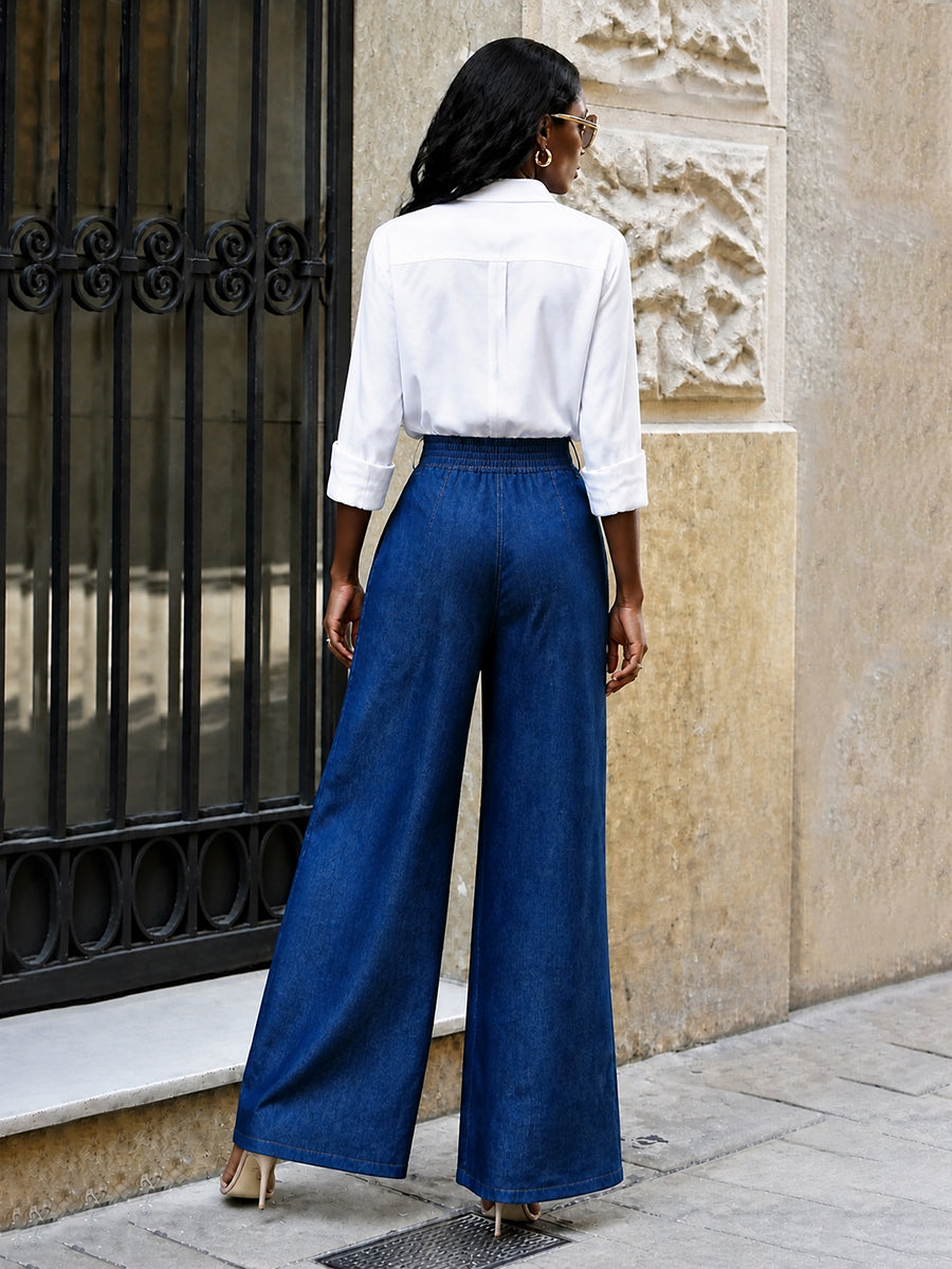 Zipper Solid Color Pockets Buttoned Wide Leg High Waisted Trousers Pants