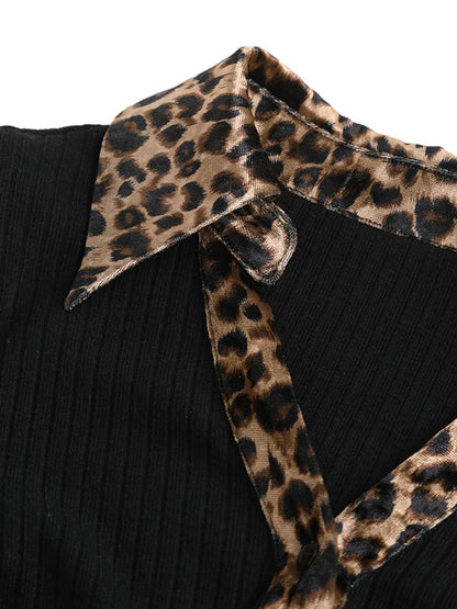 Long Sleeves Skinny Comfort Contrast Color Leopard V-Neck T-Shirts