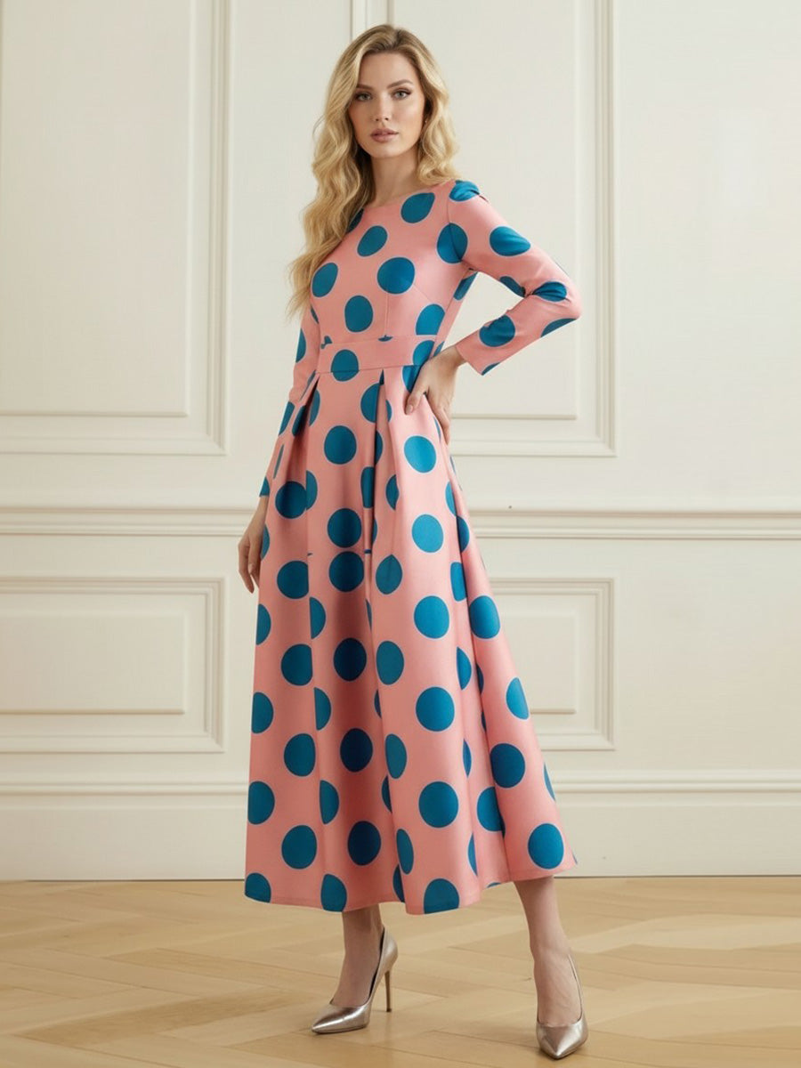 A-Line Elasticated Waist Contrast Color Polka-Dot Split-Joint Round-Neck Maxi Dresses