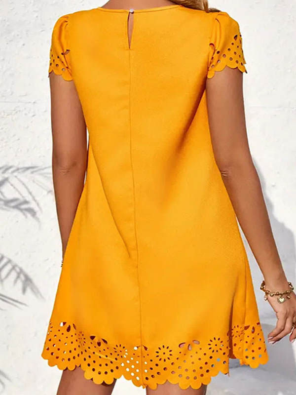 Mini-robes amples à manches courtes, plissées et creuses, couleur unie, à col rond et à fentes 