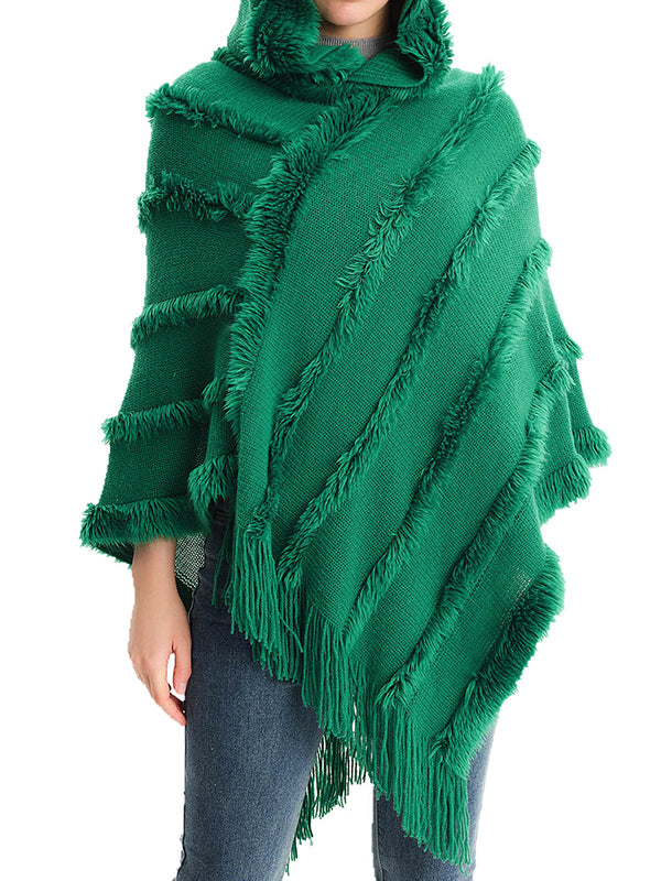 Hooded Keep Warm Solid Color Tasseled Cape Shawl&Cloak