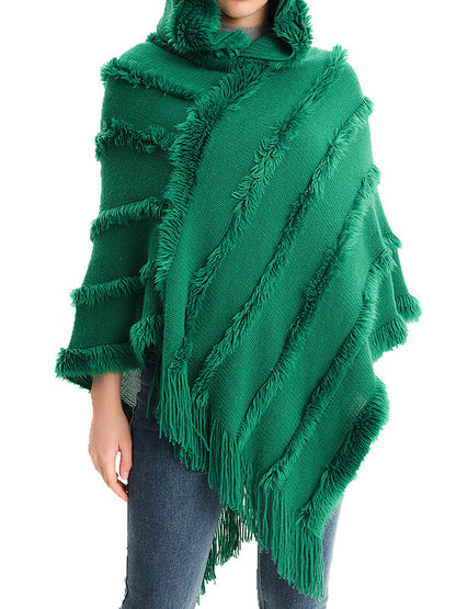 Hooded Keep Warm Solid Color Tasseled Cape Shawl&Cloak