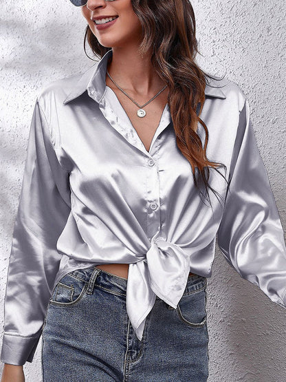 Long Sleeves Loose Solid Color Lapel Blouses GRAY