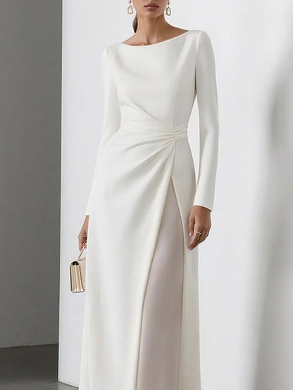 High Waisted Long Sleeves Gauze Pleated Solid Color Split-Joint Round-Neck Maxi Dresses