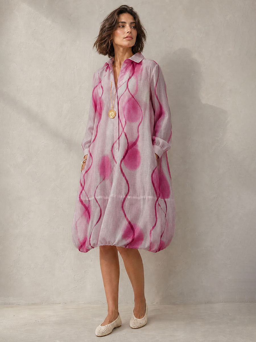 Printed Pockets Elasticity Contrast Color Buttoned Loose Long Sleeves Lapel Midi Dresses