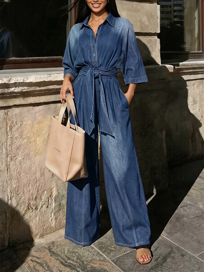 Tied Waist Pockets Gradient Buttoned Loose High Waisted Lapel Jumpsuits