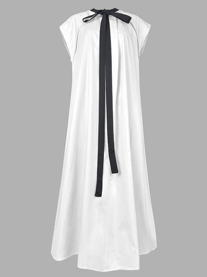 A-Line Loose Pleated Tied Round-Neck Midi Dresses