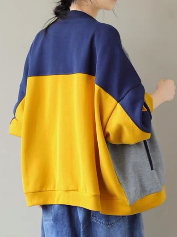 Vêtements d'extérieur décontractés, amples, de couleur contrastée, à col montant fendu et manches longues 