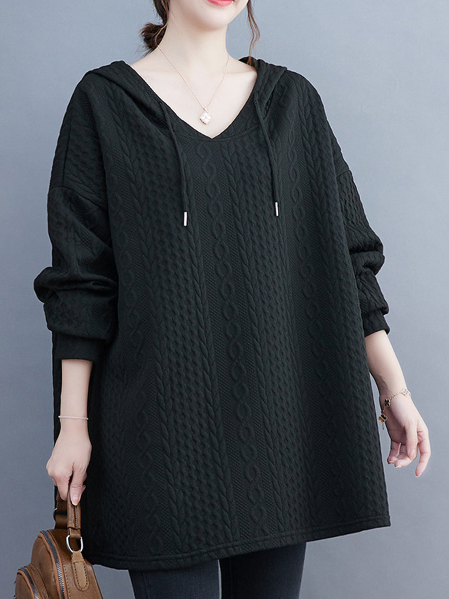 Solid Color Drawstring Loose Long Sleeves Hooded Hoodies Tops