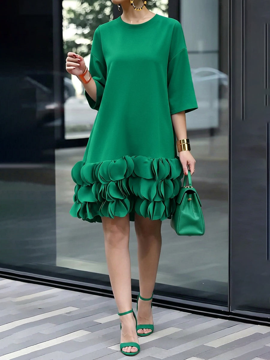 A-Line Loose Solid Color Split-Joint Three-Dimensional Flower Round-Neck Midi Dresses-1
