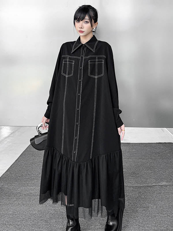Irregularity Long Sleeves Asymmetric Buttoned Line Solid Color Split-Joint Lapel Midi Dresses Shirt Dress