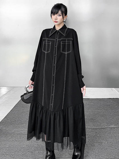 Irregularity Long Sleeves Asymmetric Buttoned Line Solid Color Split-Joint Lapel Midi Dresses Shirt Dress