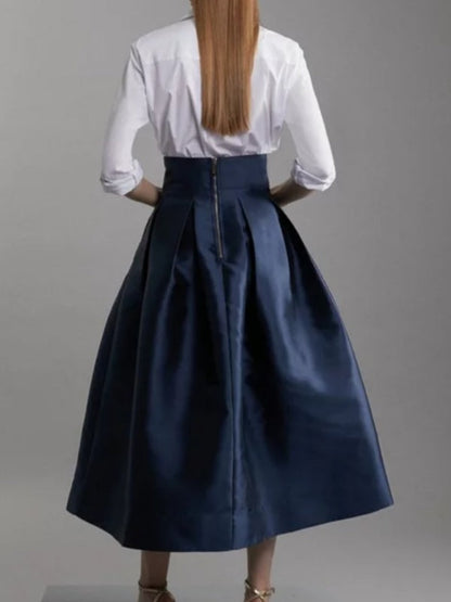 A-Line High Waisted Pleated Solid Color Zipper Skirts Bottoms
