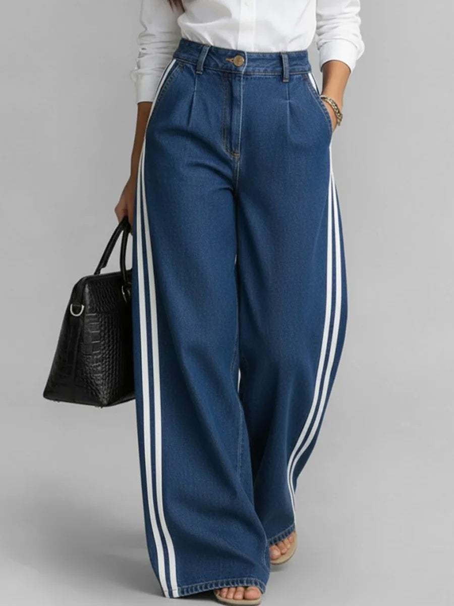High Waisted Wide Leg Pockets Solid Color Striped Jean Pants Bottoms