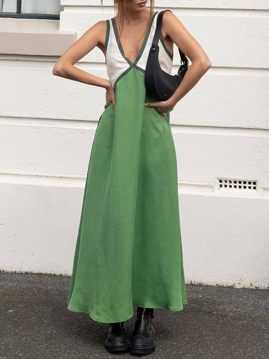 Loose Sleeveless Contrast Color Split-Joint Deep V-Neck Maxi Dresses