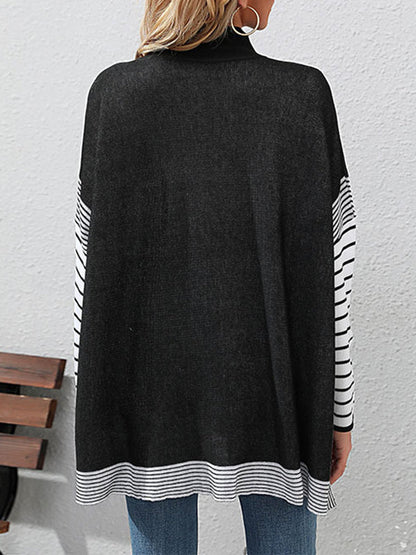 Long Sleeves Loose Contrast Color Striped Mock Neck Pullovers Sweater Tops