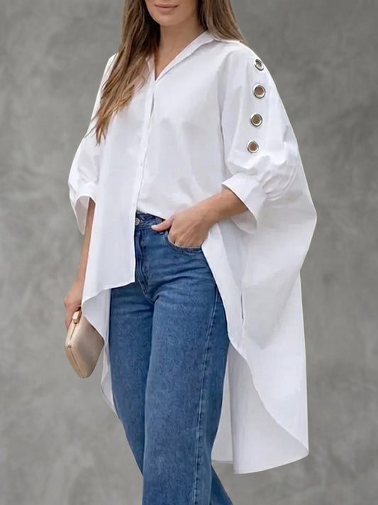 High-Low Loose Buttoned Hollow Pleated Solid Color Lapel Blouses&Shirts Tops