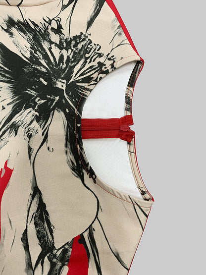 Loose Three-Quarter Sleeves Contrast Color Flower Print Round-Neck Midi Dresses