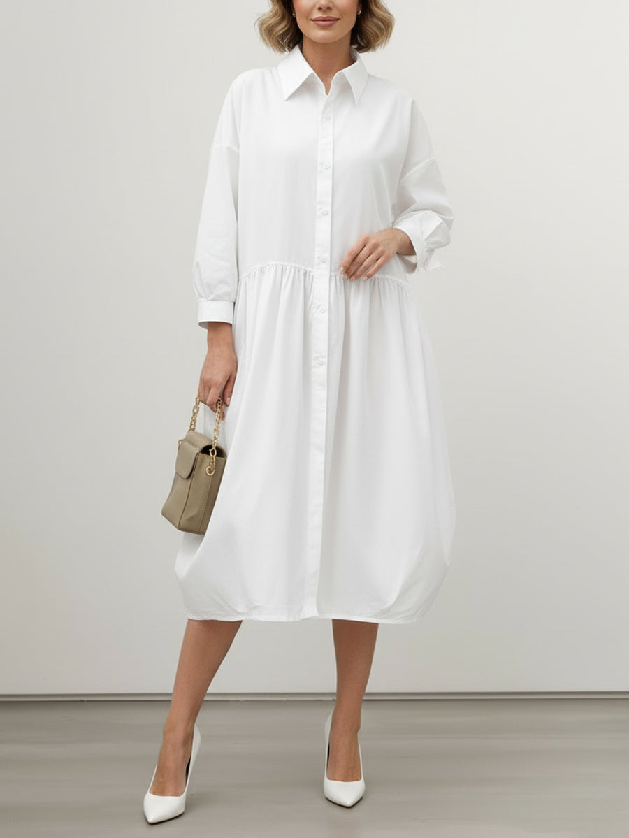 Long Sleeves Loose Buttoned Pleated Solid Color Split-Joint Lapel Midi Dresses