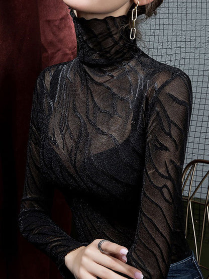 Long Sleeves Plus Size See-Through Solid Color High Neck T-Shirts Tops