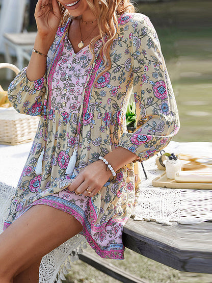 A-Line Loose Buttoned Contrast Color Flower Print Pleated V-Neck Mini Dresses