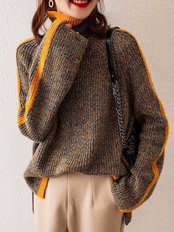 Casual Long Sleeves Loose Contrast Color Half Turtleneck Sweater Tops