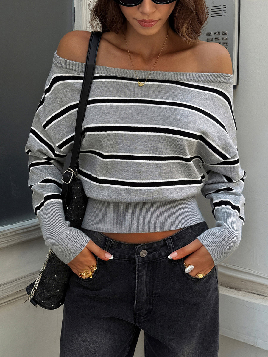 Striped Loose Long Sleeves One-shoulder Sweater Tops