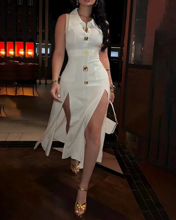 Slit Skirt Midi Dress White S