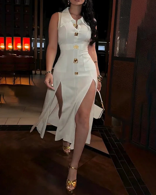 Slit Skirt Midi Dress White S