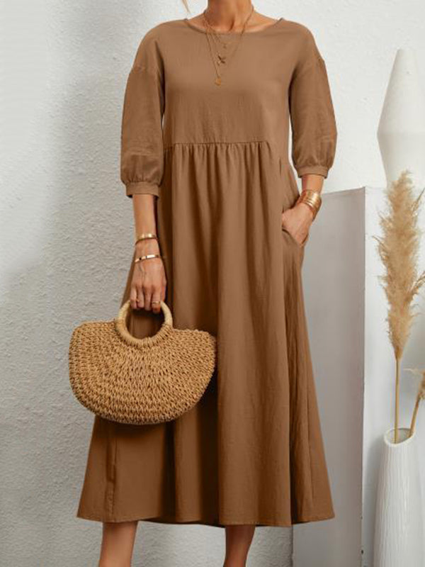 Robe mi-longue unie à col rond et simple, 11 couleurs 