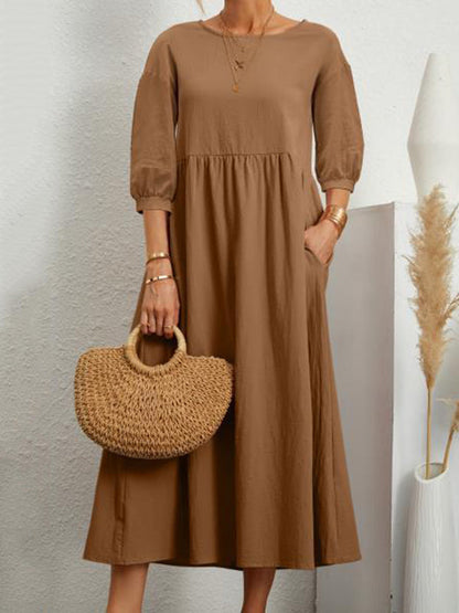 Robe mi-longue unie à col rond et simple, 11 couleurs 