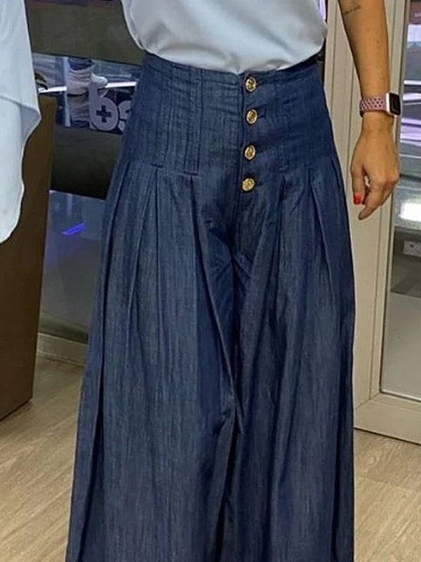 High Waisted Loose Buttoned Pleated Pockets Solid Color Jean Pants Bottoms
