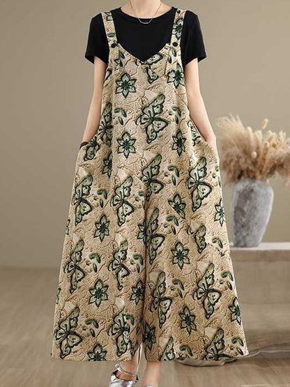 Loose Wide Leg Butterfly Print Buttoned Contrast Color Pockets Split-Joint Adjustable Straps Overalls