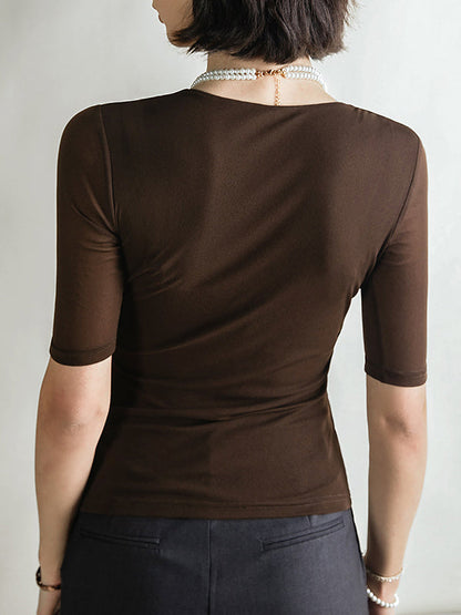 Half Sleeves Skinny Pleated Solid Color V-Neck T-Shirts Tops