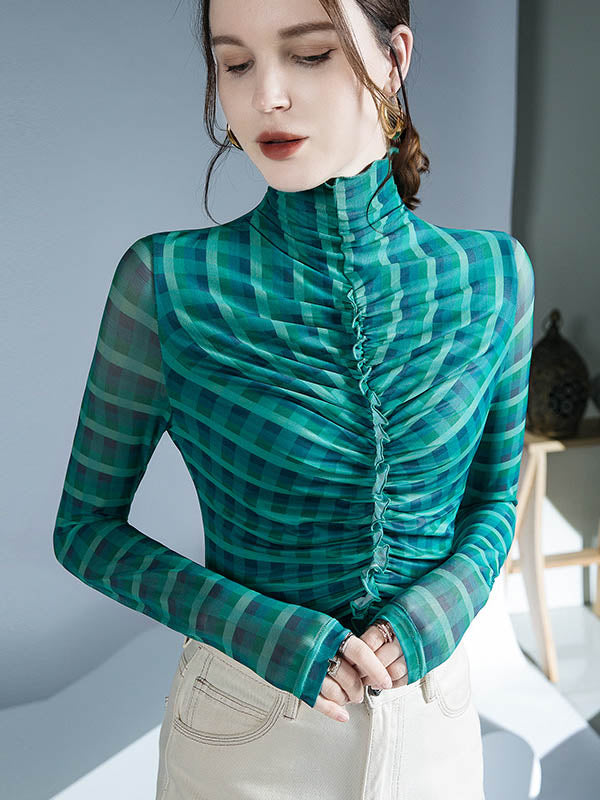 Long Sleeves Skinny Contrast Color Plaid Pleated Split-Joint High-Neck Blouses&Shirts Tops