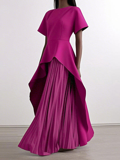 Split-Joint Solid Color Pleated Short Sleeves Loose Round-Neck Maxi Dresses