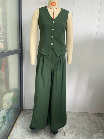 Plus Size Loose Solid Color Split-Joint V-Neck Vest + Elasticity Pants Two Pieces Set
