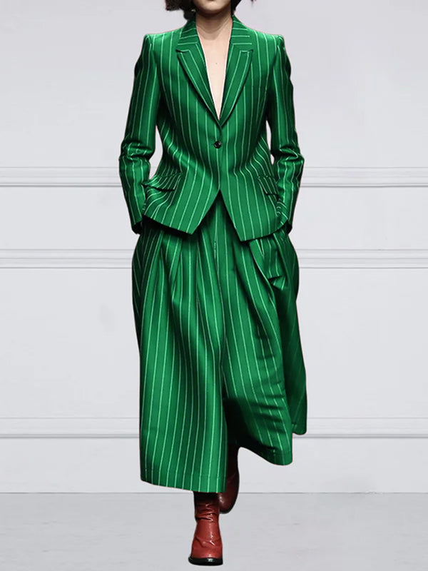 Long Sleeves Loose Striped Notched Collar Blazer Outerwear GREEN
