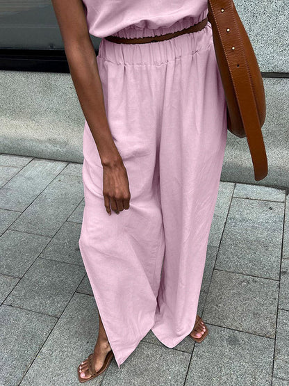 Loose Elasticity Solid Color Split-Joint Round-Neck Vest + High Waisted Split-Side Pants Two Pieces Set